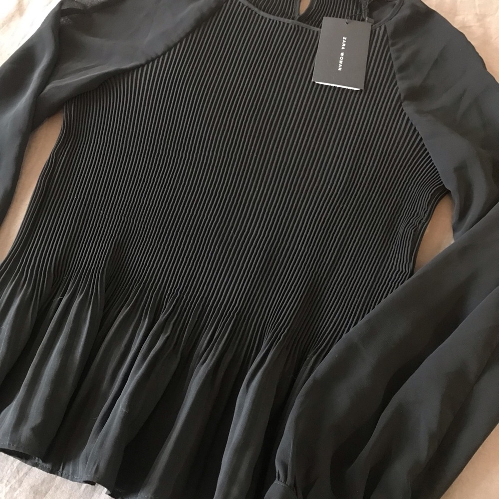 NWT Zara Black Pleated Semi-Sheer Top Small